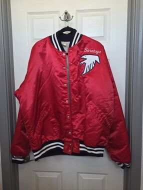 VTG. Red varsity jacket Saratoga Embroidered logo with white & navy accents
